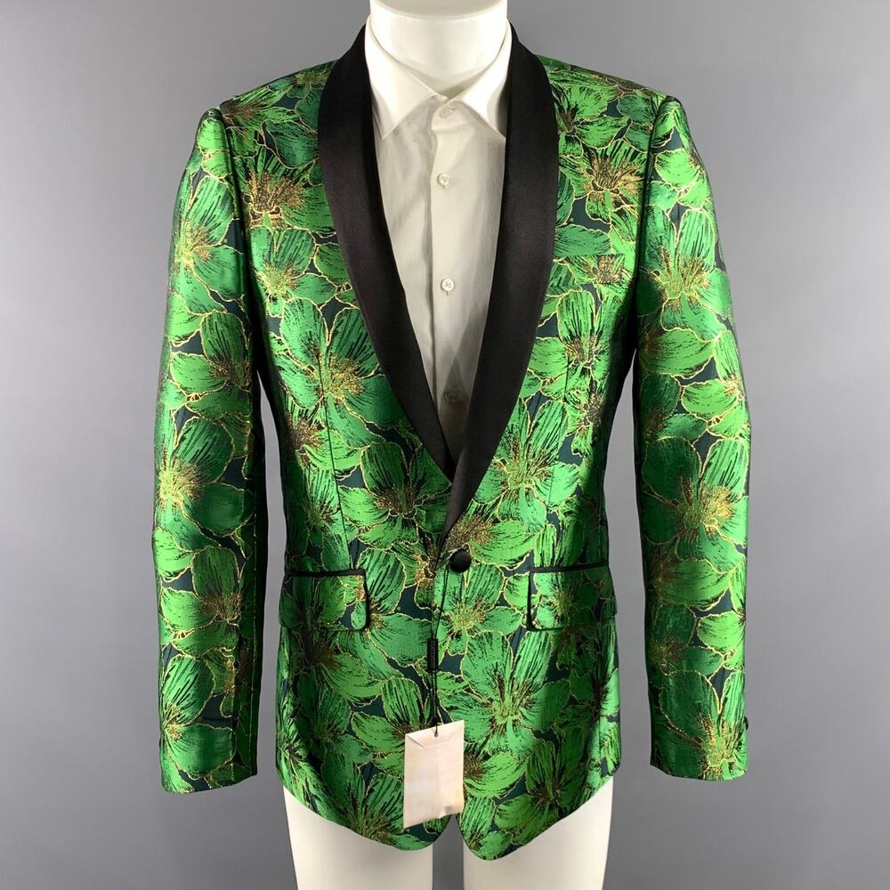 STATEMENT Chest Size 38 Green Gold Jacquard Wool Shawl Collar Sport Coat